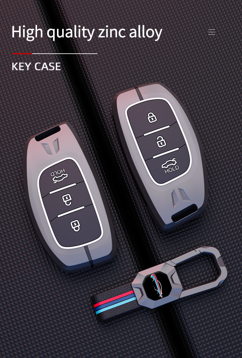 KEY COVER HOUSE Metal Striped Key Cover and Key Chain Compatible for Hyundai Creta I Venue I Tucson I Alcazar I Verna I Xcent I Aura I Elantra 3 Button Smart Key