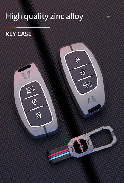 KEY COVER HOUSE Metal Striped Key Cover and Key Chain Compatible for Hyundai Creta I Venue I Tucson I Alcazar I Verna I Xcent I Aura I Elantra 3 Button Smart Key