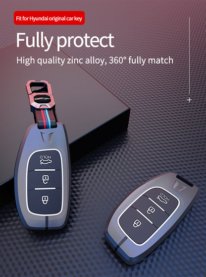 KEY COVER HOUSE Metal Striped Key Cover and Key Chain Compatible for Hyundai Creta I Venue I Tucson I Alcazar I Verna I Xcent I Aura I Elantra 3 Button Smart Key