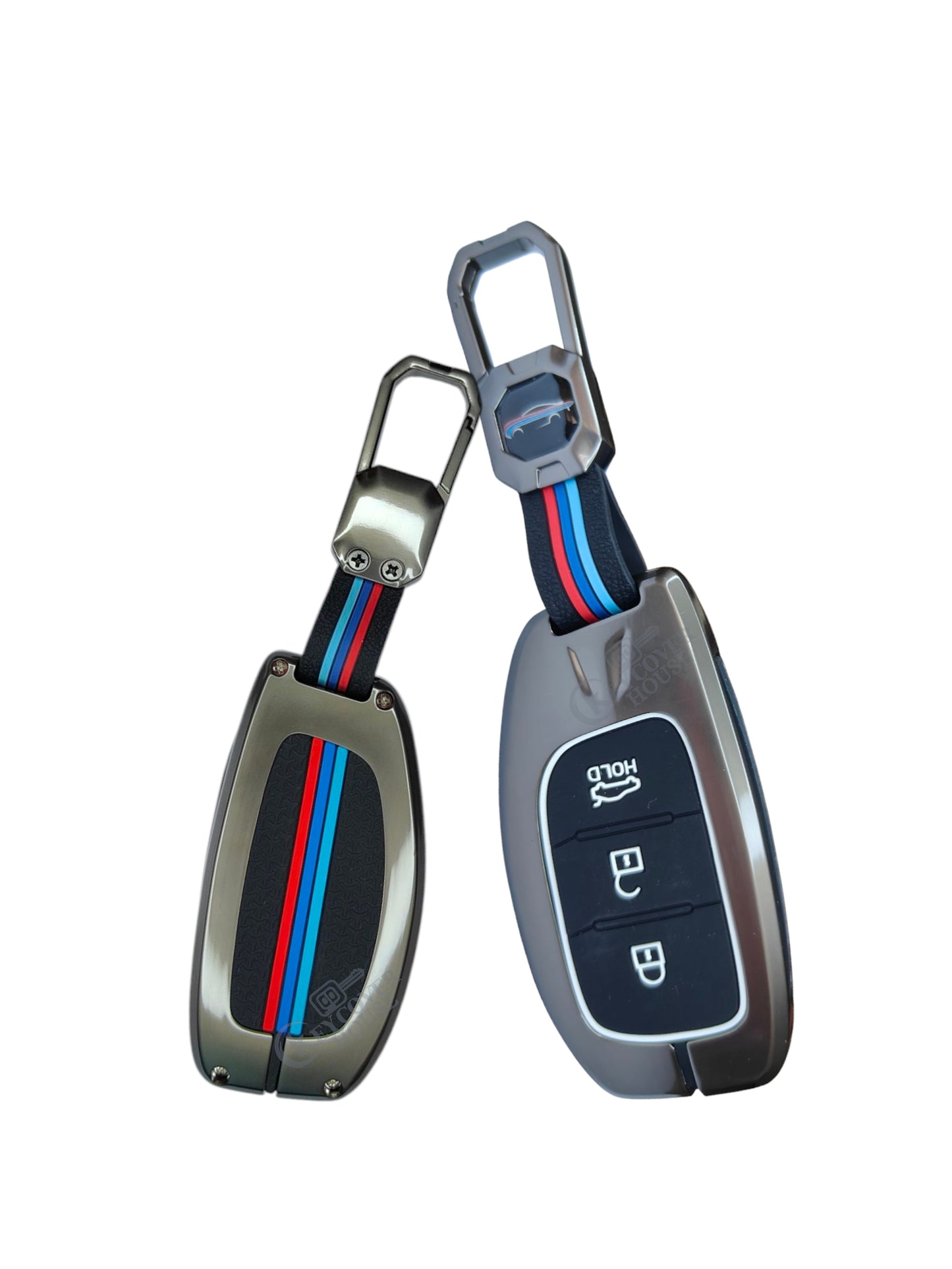 KEY COVER HOUSE Metal Striped Key Cover and Key Chain Compatible for Hyundai Creta I Venue I Tucson I Alcazar I Verna I Xcent I Aura I Elantra 3 Button Smart Key