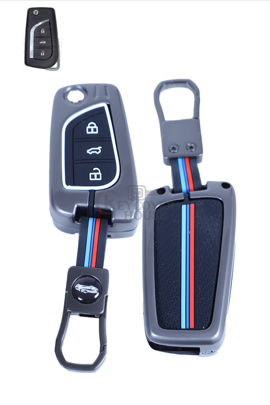 KEY COVER HOUSE Metal Striped Key Cover And Key Chain Compatible For Corolla Altis/Innova Crysta 3 Button Flip Key