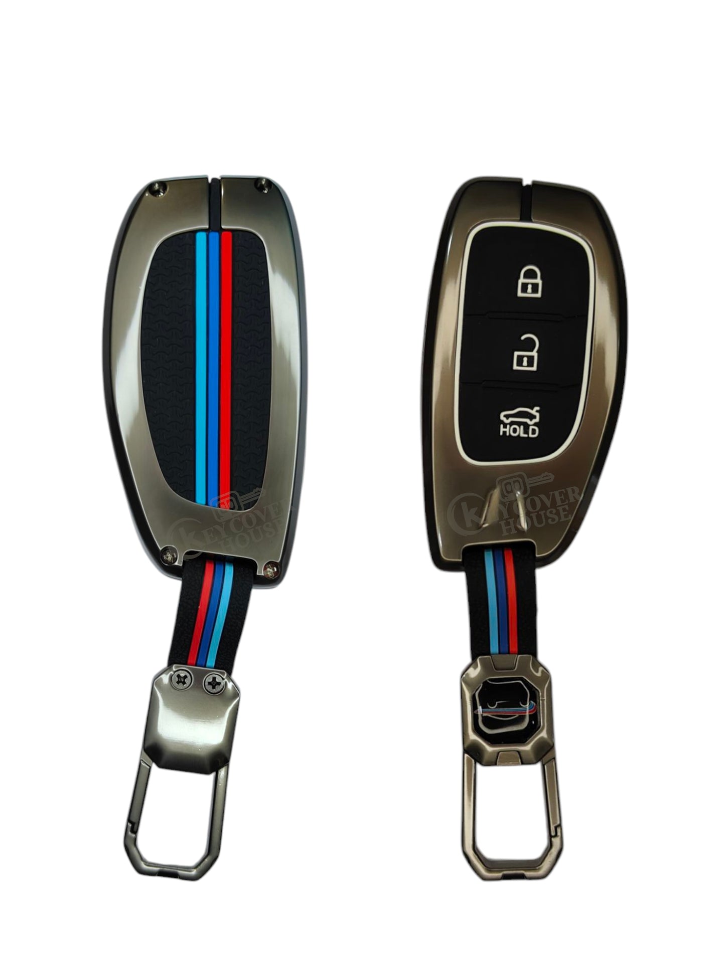 KEY COVER HOUSE Metal Striped Key Cover and Key Chain Compatible for Hyundai Creta I Venue I Tucson I Alcazar I Verna I Xcent I Aura I Elantra 3 Button Smart Key