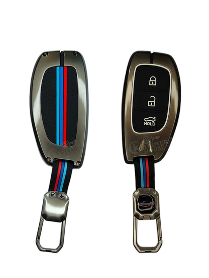 KEY COVER HOUSE Metal Striped Key Cover and Key Chain Compatible for Hyundai Creta I Venue I Tucson I Alcazar I Verna I Xcent I Aura I Elantra 3 Button Smart Key