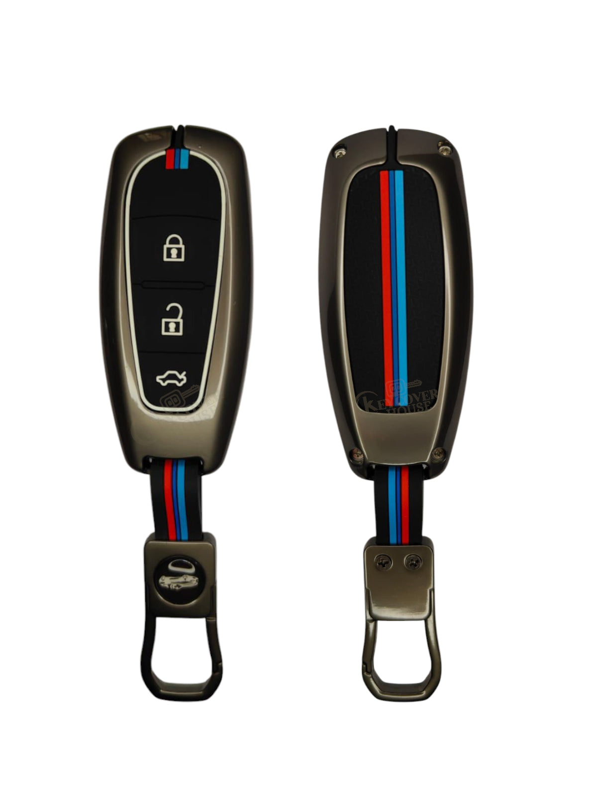 KEY COVER HOUSE Metal Striped Key Cover And Key Chain Compatible For Suzuki Baleno, Breeza, S Cross, Ciaz, Swift Car 3 Button Smart Key