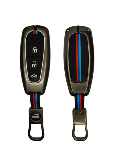 KEY COVER HOUSE Metal Striped Key Cover And Key Chain Compatible For Suzuki Baleno, Breeza, S Cross, Ciaz, Swift Car 3 Button Smart Key