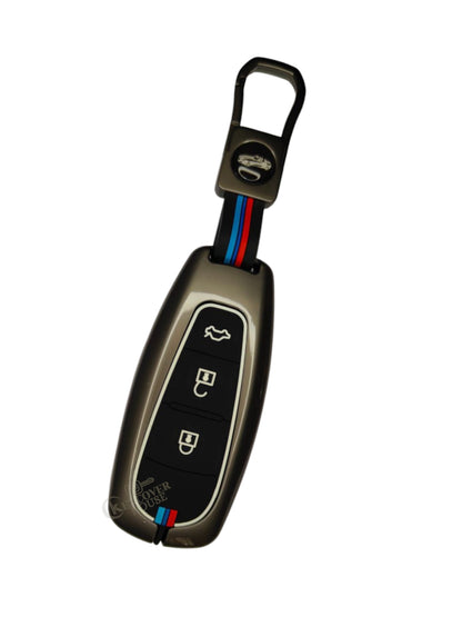 KEY COVER HOUSE Metal Striped Key Cover And Key Chain Compatible For Suzuki Baleno, Breeza, S Cross, Ciaz, Swift Car 3 Button Smart Key