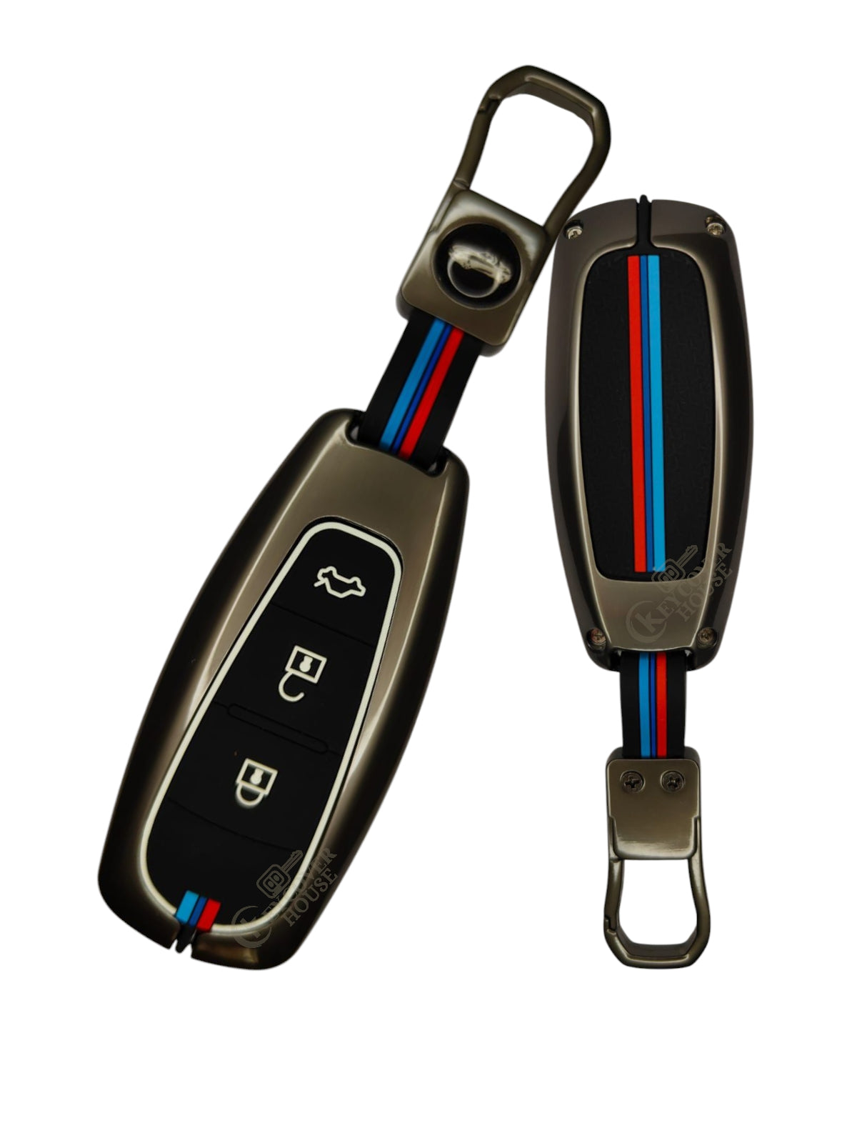 KEY COVER HOUSE Metal Striped Key Cover And Key Chain Compatible For Suzuki Baleno, Breeza, S Cross, Ciaz, Swift Car 3 Button Smart Key