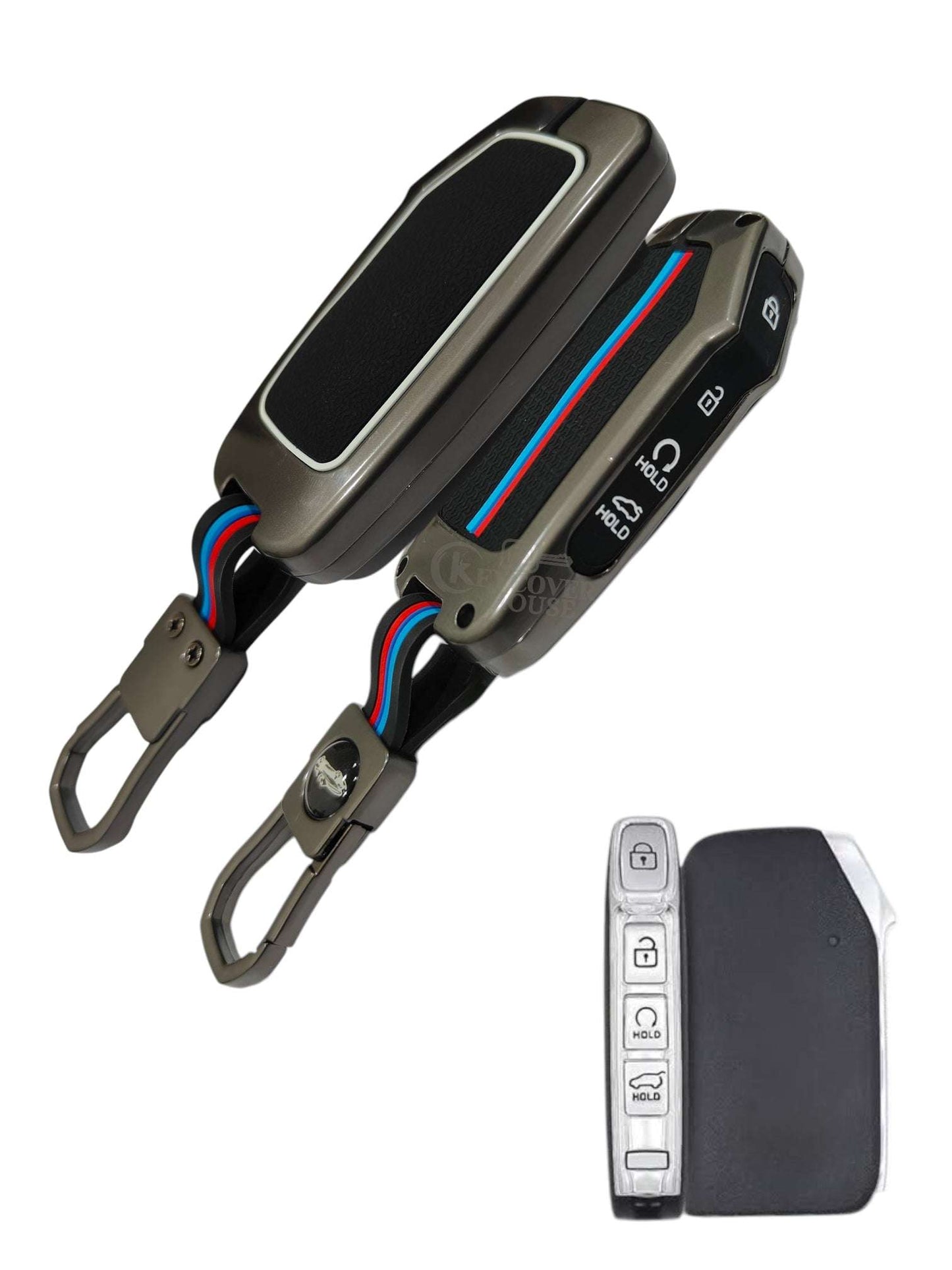 KEY COVER HOUSE Metal Striped Key Cover And Key Chain Compatible For Kia Seltos, Sonet 2023 Facelift 4 Button Smart Key - Key Cover House