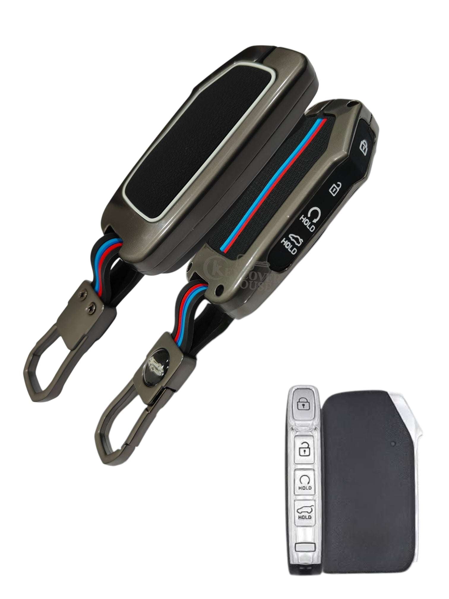 KEY COVER HOUSE Metal Striped Key Cover And Key Chain Compatible For Kia Seltos, Sonet 2023 Facelift 4 Button Smart Key - Key Cover House