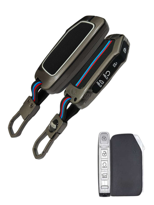 KEY COVER HOUSE Metal Striped Key Cover And Key Chain Compatible For Kia Seltos, Sonet 2023 Facelift 4 Button Smart Key - Key Cover House