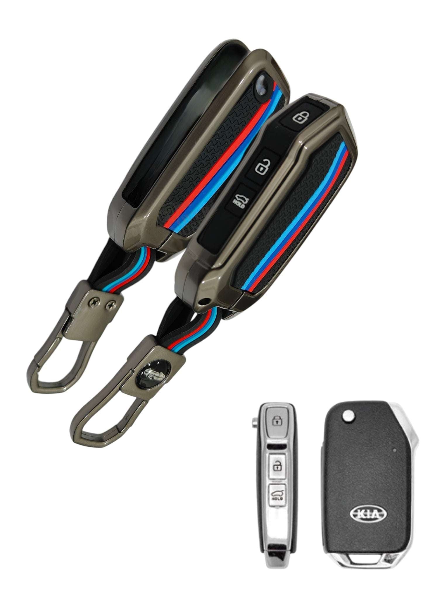 KEY COVER HOUSE Metal Striped Key Cover And Key Chain Compatible For Kia Seltos, Sonet 2023 onwards 3 Button Flip Key - Key Cover House
