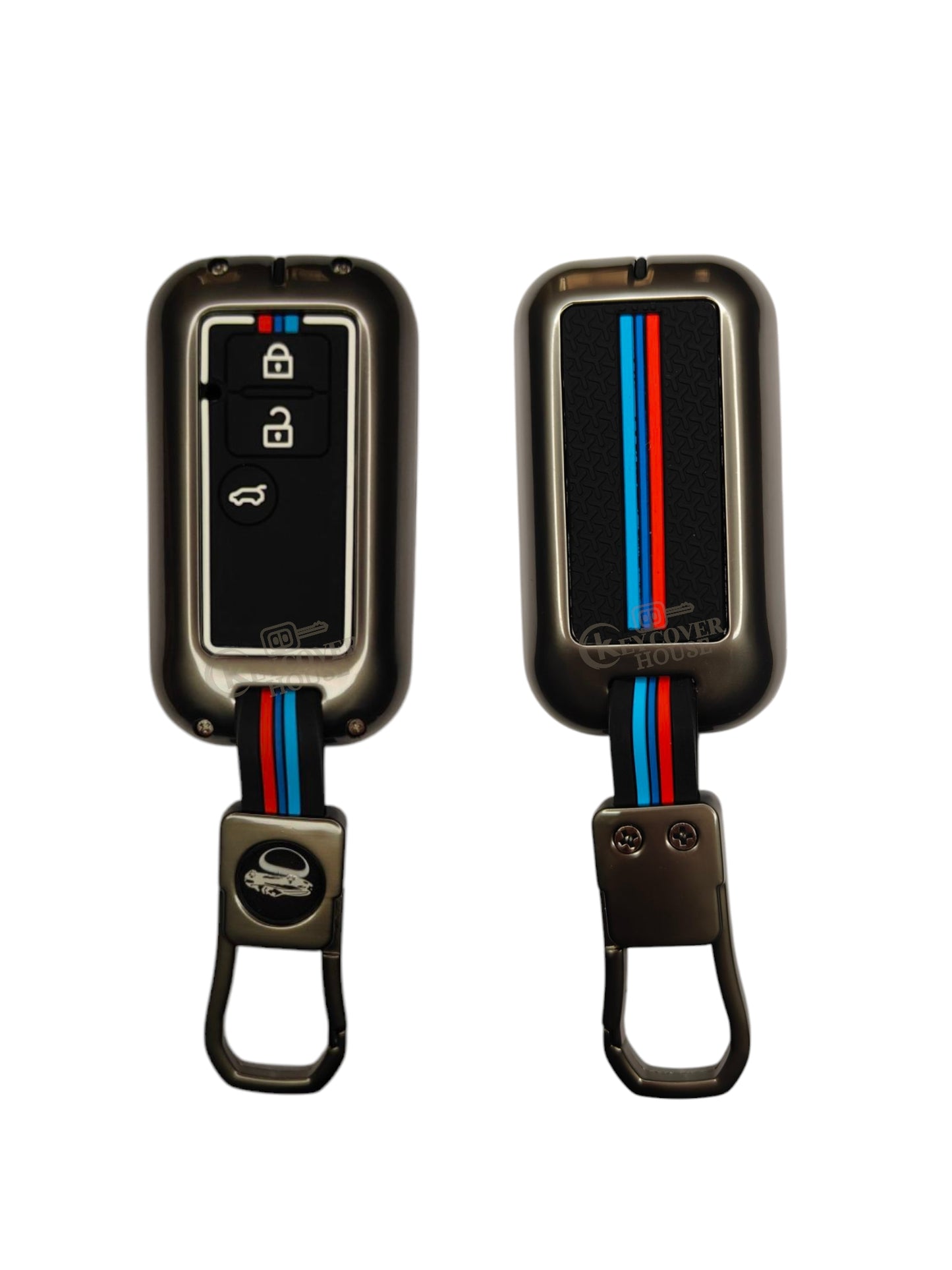 KEY COVER HOUSE Metal Striped Key Cover And Key Chain Compatible For Suzuki Ertiga, Dezire Car 3 Button Smart Key