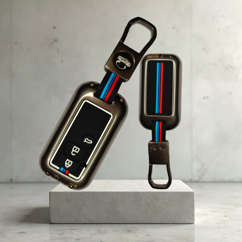 KEY COVER HOUSE Metal Striped Key Cover And Key Chain Compatible For Suzuki Ertiga, Dezire Car 3 Button Smart Key