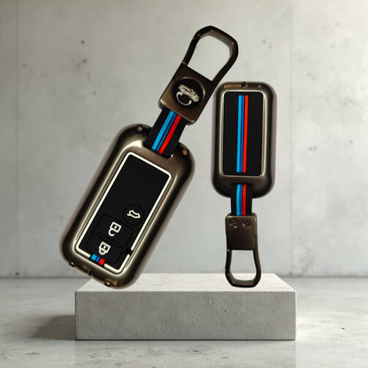KEY COVER HOUSE Metal Striped Key Cover And Key Chain Compatible For Suzuki Ertiga, Dezire Car 3 Button Smart Key