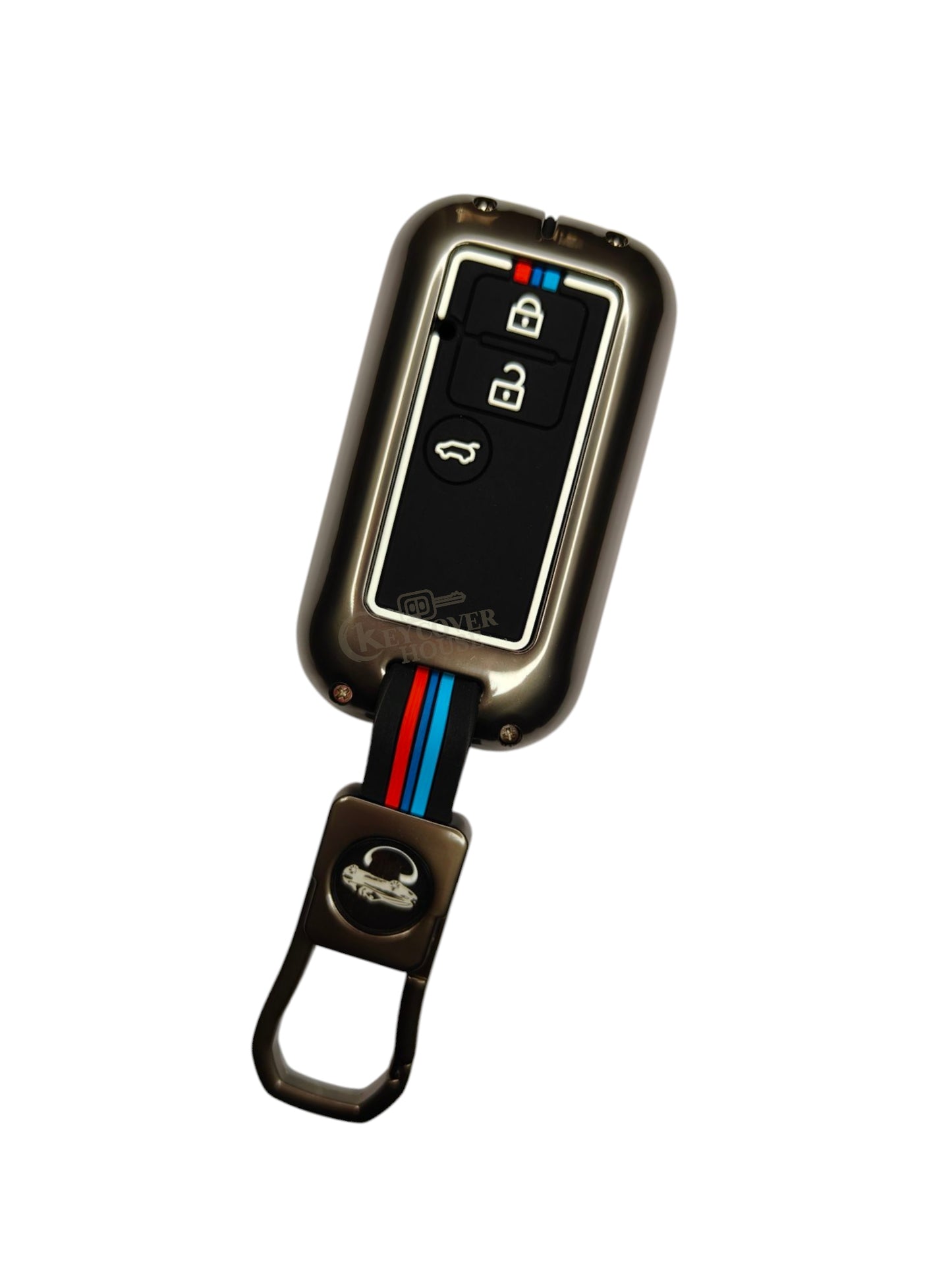 KEY COVER HOUSE Metal Striped Key Cover And Key Chain Compatible For Suzuki Ertiga, Dezire Car 3 Button Smart Key