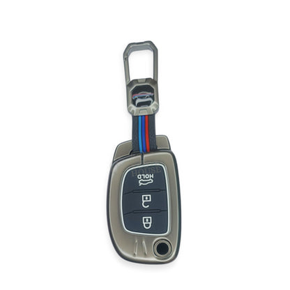 KEY COVER HOUSE Metal Striped Key Cover and Key Chain Compatible for Hyundai Creta I Venue I Tucson I Alcazar I i20 I Grand i10 Nios I Aura I Xcent I Exter 3 Button Flip Key