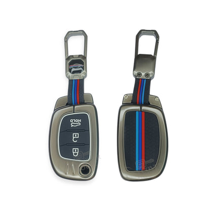 KEY COVER HOUSE Metal Striped Key Cover and Key Chain Compatible for Hyundai Creta I Venue I Tucson I Alcazar I i20 I Grand i10 Nios I Aura I Xcent I Exter 3 Button Flip Key