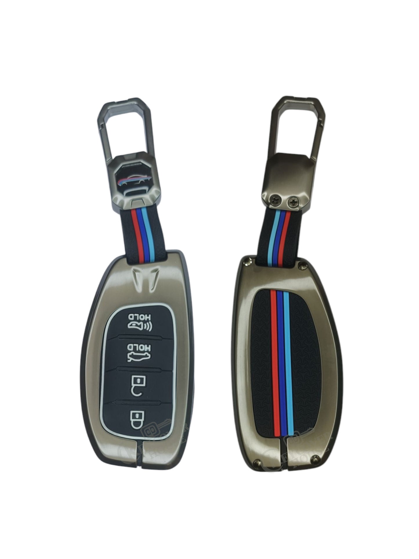 KEY COVER HOUSE Metal Striped Key Cover And Key Chain Compatible For "Creta/Elantra/i20(2021) /Tucson/Venue"4 Button smart key