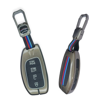 KEY COVER HOUSE Metal Striped Key Cover And Key Chain Compatible For "Creta/Elantra/i20(2021) /Tucson/Venue"4 Button smart key