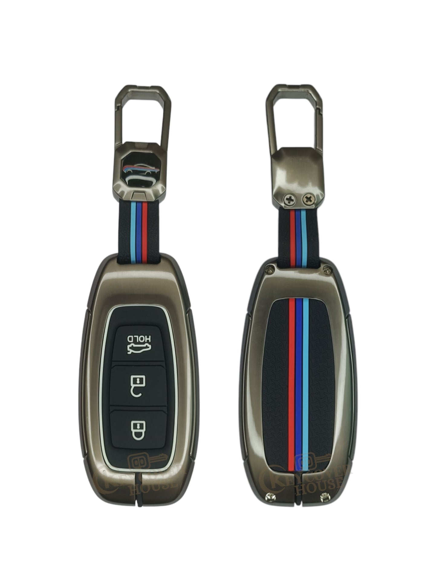 KEY COVER HOUSE Metal Striped Key Cover And Key Chain Compatible For Verna/Kona Electric 3 Button  Smart Key