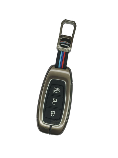 KEY COVER HOUSE Metal Striped Key Cover And Key Chain Compatible For Verna/Kona Electric 3 Button  Smart Key