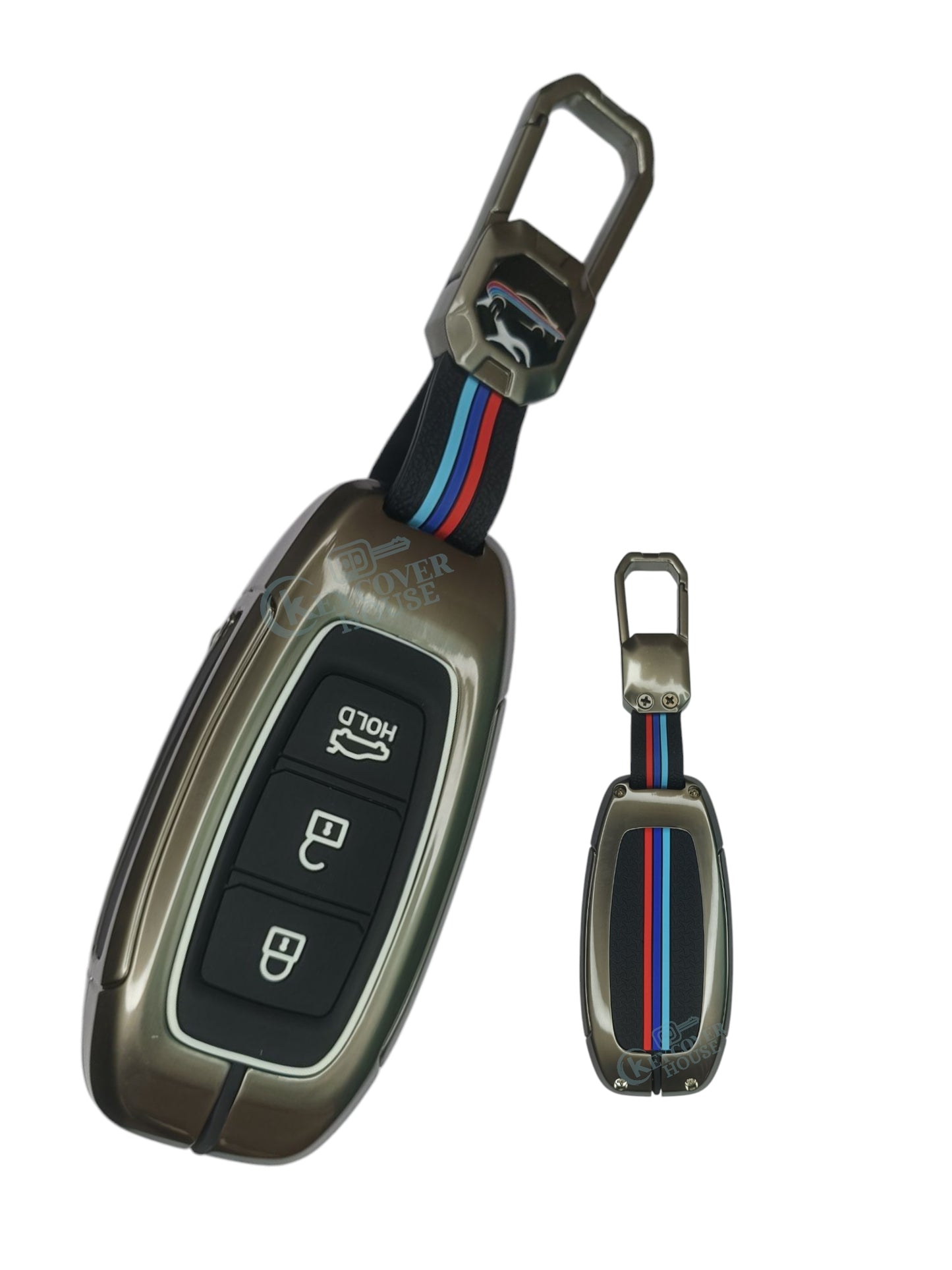 KEY COVER HOUSE Metal Striped Key Cover And Key Chain Compatible For Verna/Kona Electric 3 Button  Smart Key