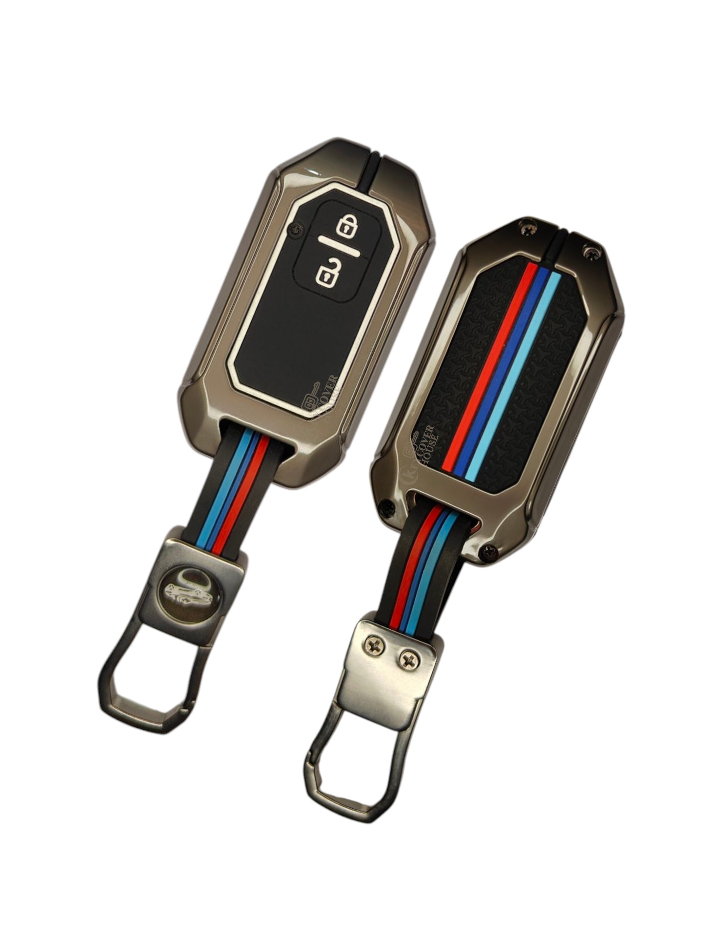 KEY COVER HOUSE Metal Striped Key Cover And Key Chain Compatible For Suzuki Swift, DZire, Baleno, Ertiga, Grand Vitara, Brezza, Fronx, Jimny, XL6, Ignis Car 2 Button Smart Key
