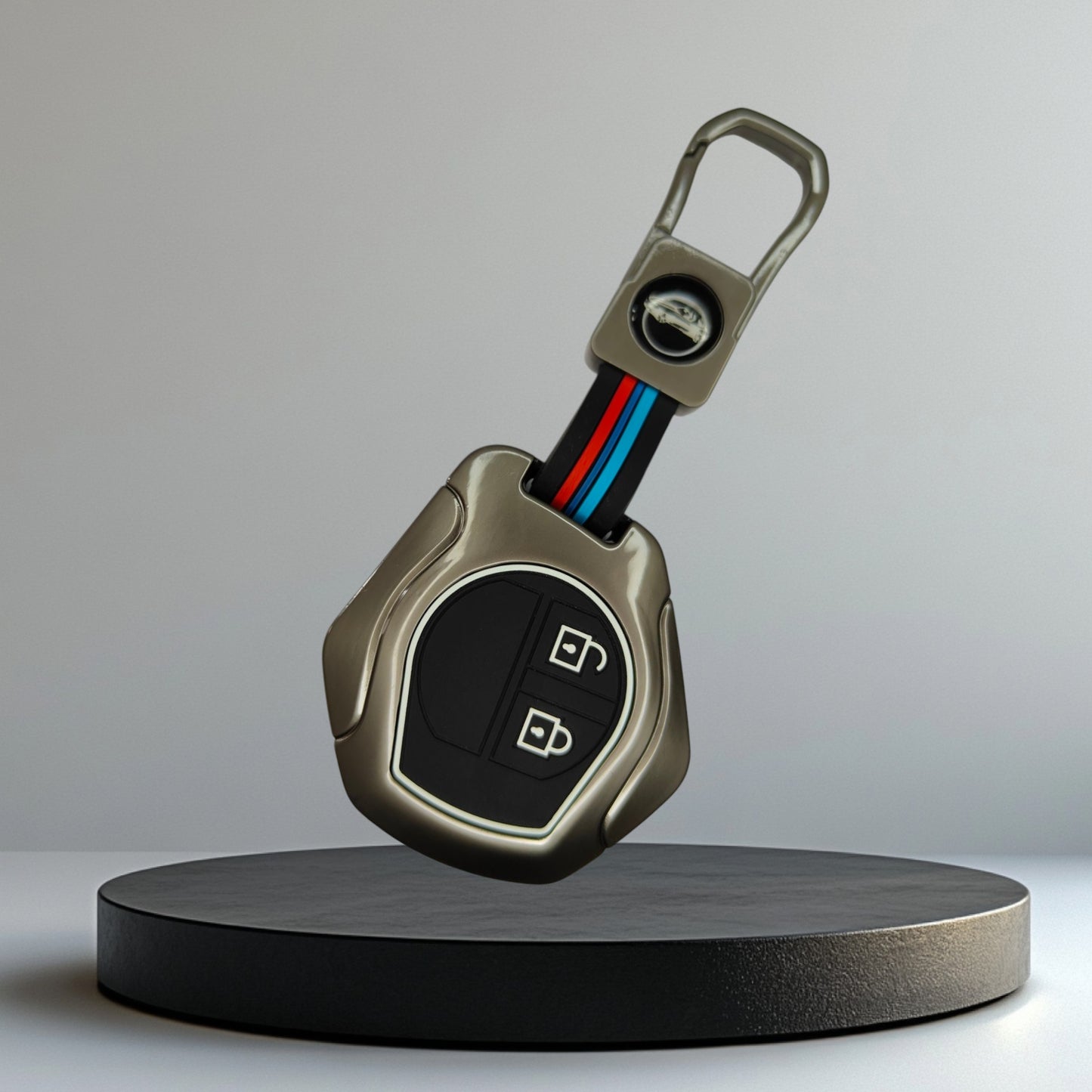 KEY COVER HOUSE Metal Striped Key Cover And Key Chain Compatible For Suzuki Swift, Ertiga, Wagonr, Celerio, Swift Dzire, Alto, Fronx, Breza, S Presso, Ignis Car 2 Button Smart Key