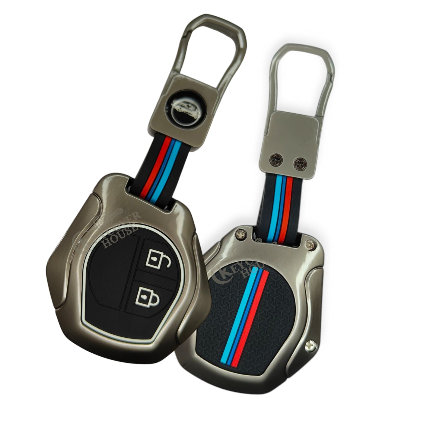 KEY COVER HOUSE Metal Striped Key Cover And Key Chain Compatible For Suzuki Swift, Ertiga, Wagonr, Celerio, Swift Dzire, Alto, Fronx, Breza, S Presso, Ignis Car 2 Button Smart Key