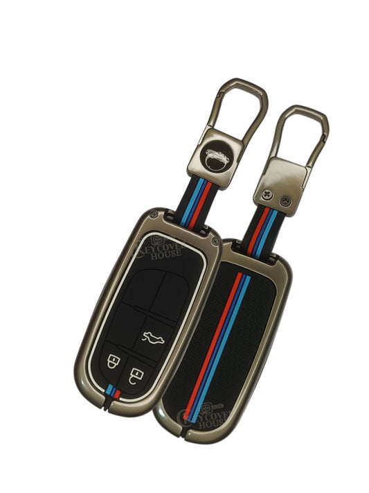 KEY COVER HOUSE Metal Striped Key Cover And Key Chain Compatible For Jeep Meridian, Compass, Trailhawk, 3 Button Smart Key