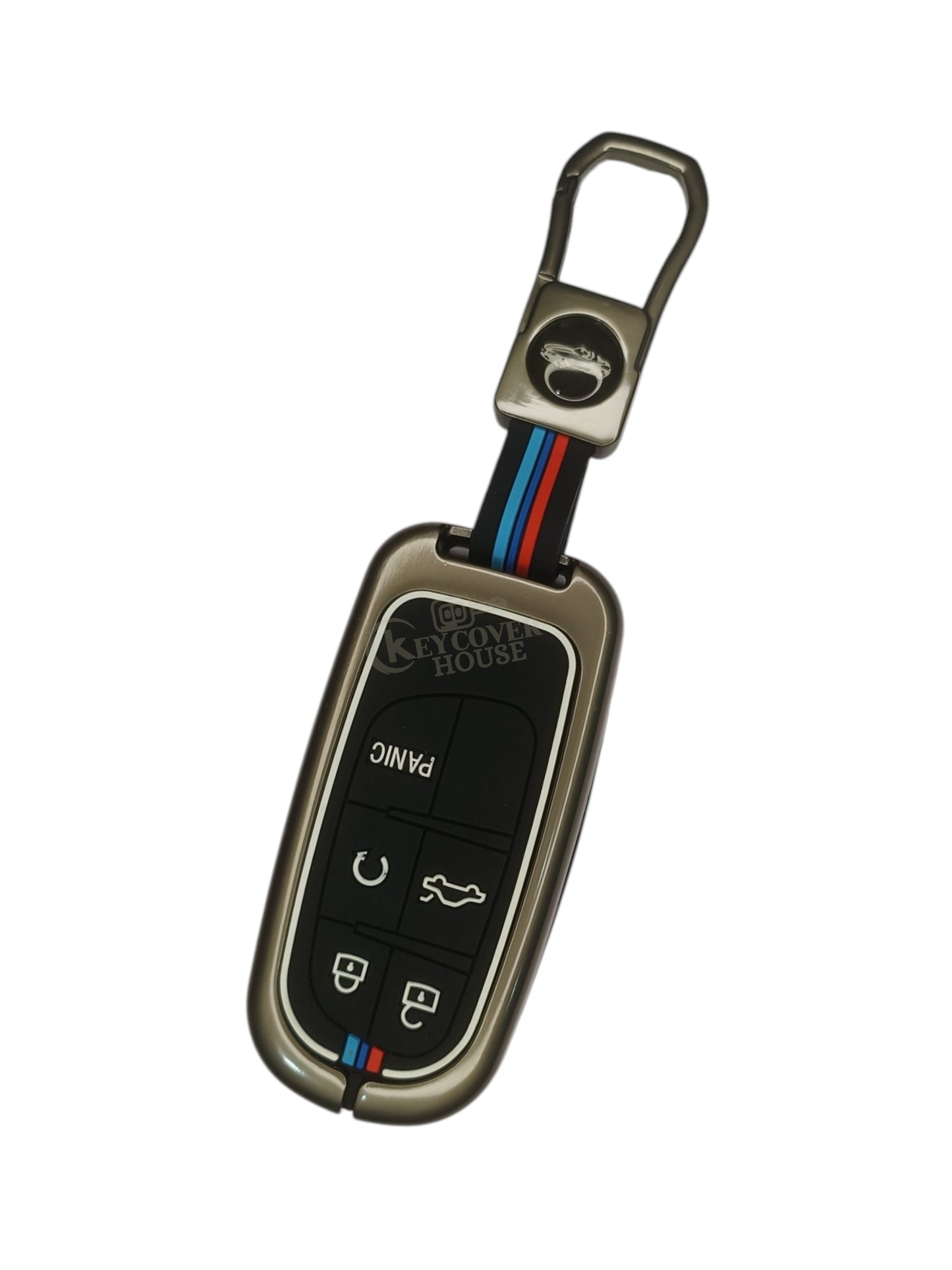 KEY COVER HOUSE Metal Striped Key Cover And Key Chain Compatible For Jeep Meridian, Compass, Trailhawk, 5 Button Smart Key (Copy)