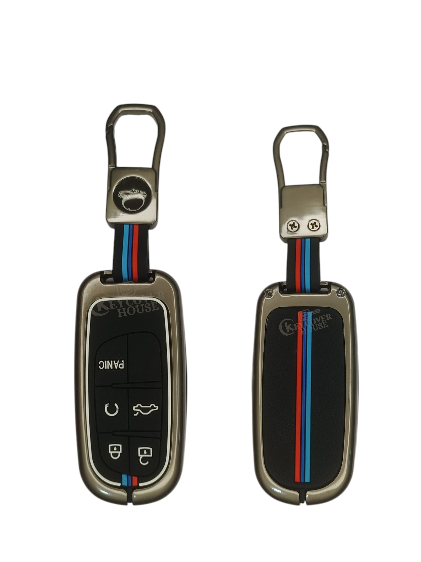 KEY COVER HOUSE Metal Striped Key Cover And Key Chain Compatible For Jeep Meridian, Compass, Trailhawk, 5 Button Smart Key (Copy)