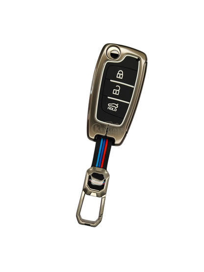 KEY COVER HOUSE Metal Striped Key Cover And Key Chain Compatible For Hyundai Verna I i20 N Line 3 button Flip Key