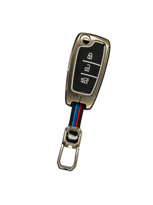 KEY COVER HOUSE Metal Striped Key Cover And Key Chain Compatible For Hyundai Verna I i20 N Line 3 button Flip Key