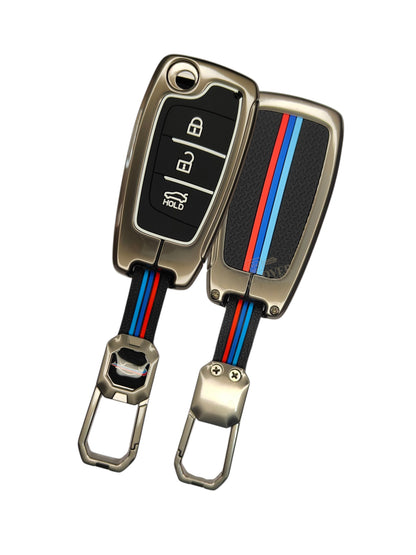 KEY COVER HOUSE Metal Striped Key Cover And Key Chain Compatible For Hyundai Verna I i20 N Line 3 button Flip Key