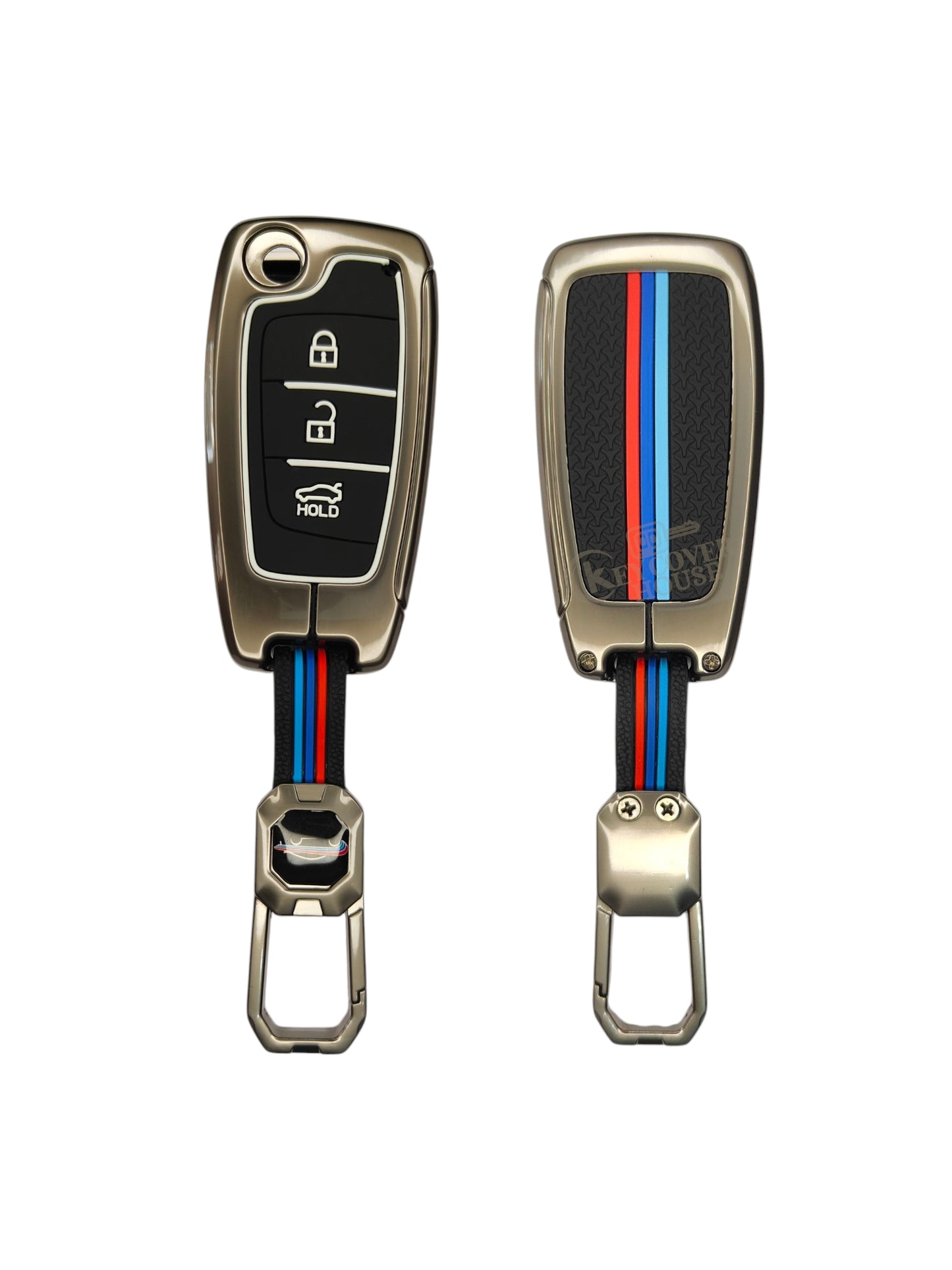KEY COVER HOUSE Metal Striped Key Cover And Key Chain Compatible For Hyundai Verna I i20 N Line 3 button Flip Key