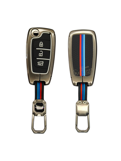 KEY COVER HOUSE Metal Striped Key Cover And Key Chain Compatible For Hyundai Verna I i20 N Line 3 button Flip Key