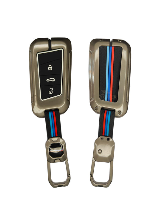 KEY COVER HOUSE Metal Striped Key Cover And Key Chain Compatible For Scoda "Jetta/Karoq/Kodiaq/Octavia/ PassatHighline/Superb/Tiguan/T-Roc/Kushaq"3 Button Smart Key