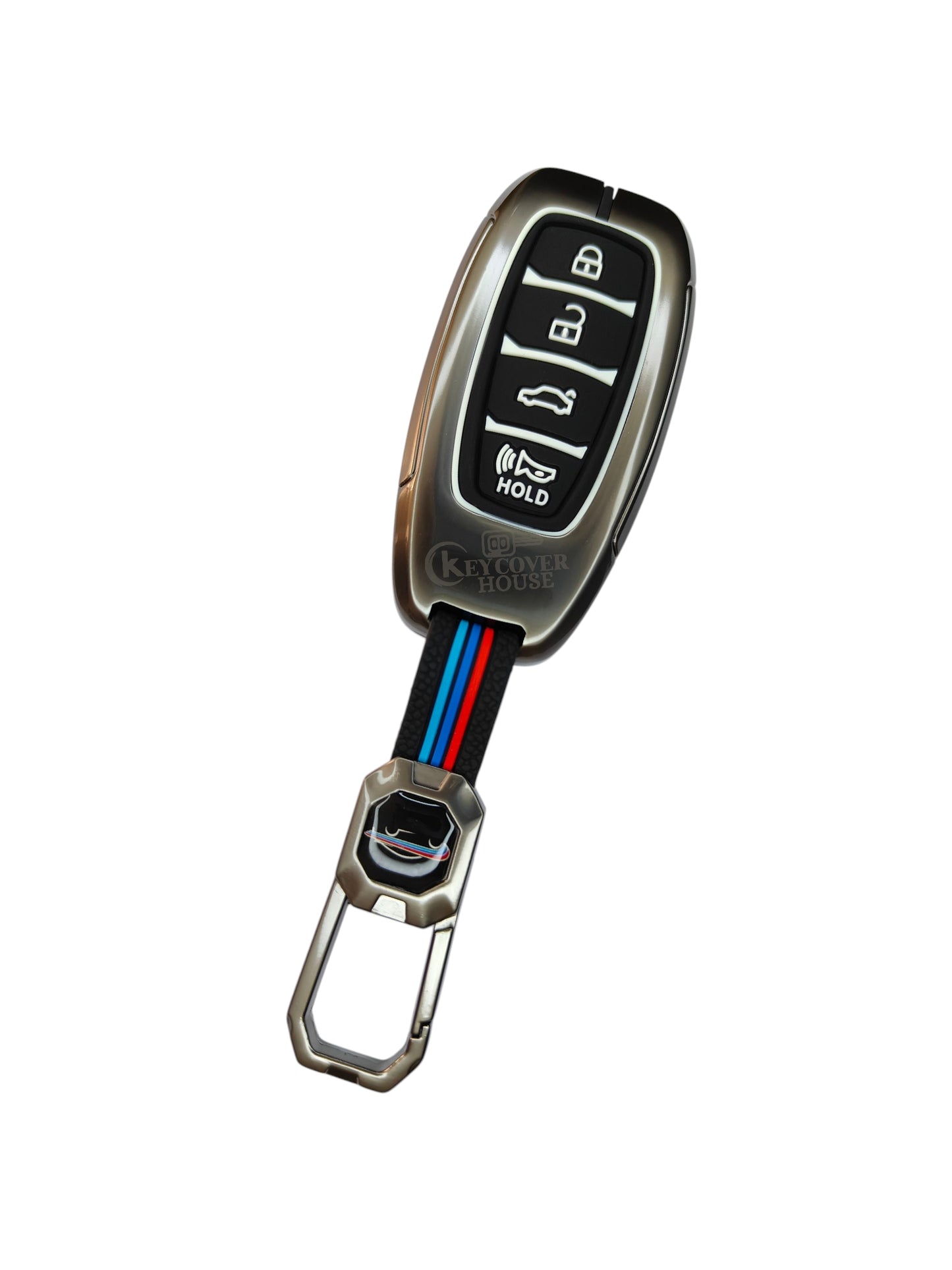 KEY COVER HOUSE Metal Striped Key Cover And Key Chain Compatible For  New Verna 2020/Tucson 2021,4Button Smart key