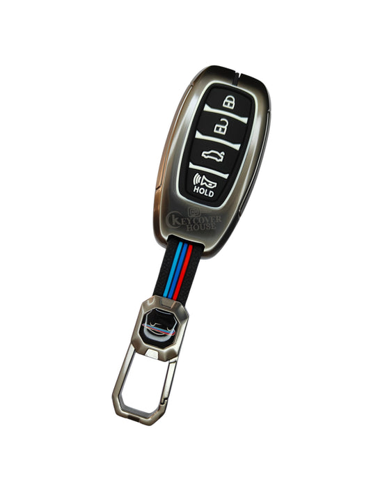 KEY COVER HOUSE Metal Striped Key Cover And Key Chain Compatible For  New Verna 2020/Tucson 2021,4Button Smart key