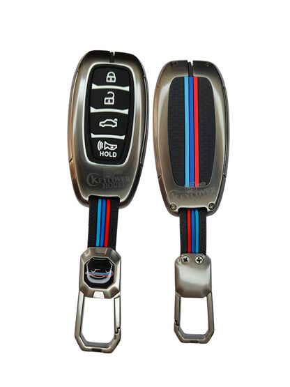 KEY COVER HOUSE Metal Striped Key Cover And Key Chain Compatible For  New Verna 2020/Tucson 2021,4Button Smart key