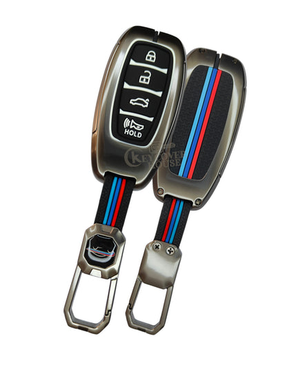 KEY COVER HOUSE Metal Striped Key Cover And Key Chain Compatible For  New Verna 2020/Tucson 2021,4Button Smart key