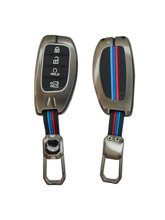 KEY COVER HOUSE Metal Striped Key Cover And Key Chain Compatible For "Aura/Creta/Elantra/i10 Grand/ i10 Grand Nios/i20 Active/ i20 Elite/Tucson/Verna 4S/Xcent"4 Button smart key
