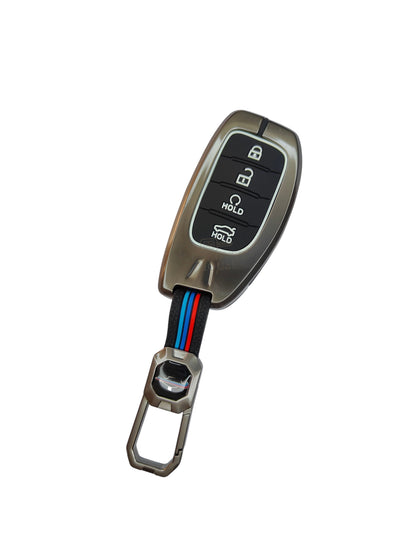 KEY COVER HOUSE Metal Striped Key Cover And Key Chain Compatible For "Aura/Creta/Elantra/i10 Grand/ i10 Grand Nios/i20 Active/ i20 Elite/Tucson/Verna 4S/Xcent"4 Button smart key