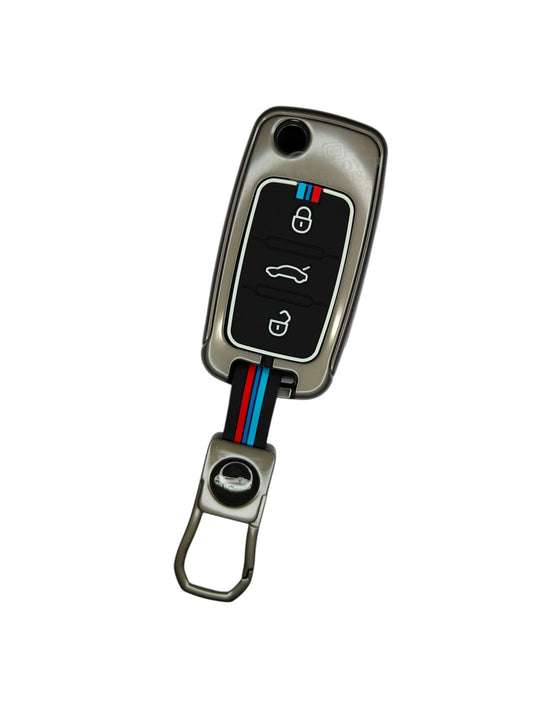 KEY COVER HOUSE Metal Striped Key Cover And Key Chain Compatible For "Ameo/Fabia/Jetta/Laura/ Octavia<2014/Polo/Rapid/Superb/Vento/Yeti"3Button Flip Key