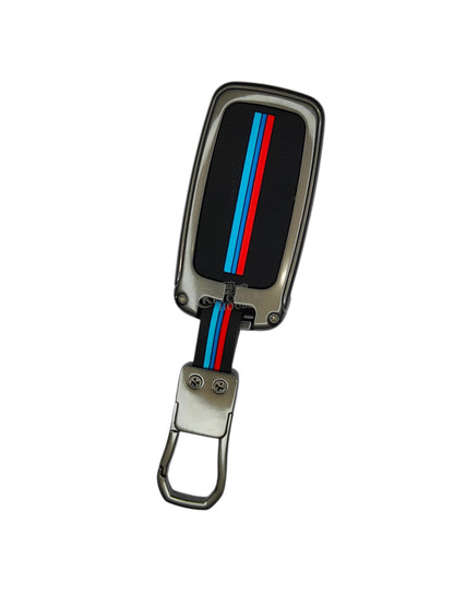 KEY COVER HOUSE Metal Striped Key Cover And Key Chain Compatible For "Ameo/Fabia/Jetta/Laura/ Octavia<2014/Polo/Rapid/Superb/Vento/Yeti"3Button Flip Key