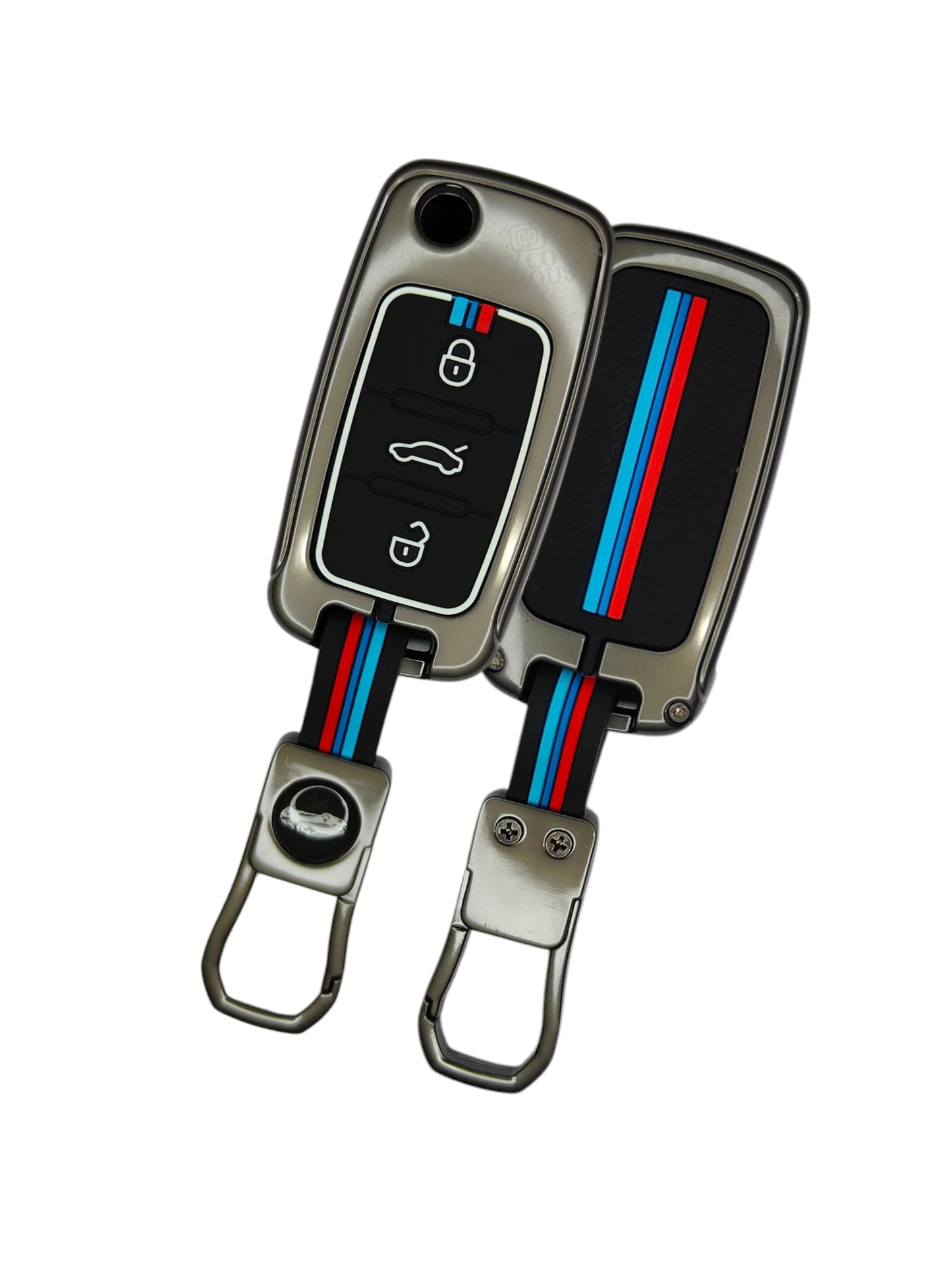 KEY COVER HOUSE Metal Striped Key Cover And Key Chain Compatible For "Ameo/Fabia/Jetta/Laura/ Octavia<2014/Polo/Rapid/Superb/Vento/Yeti"3Button Flip Key