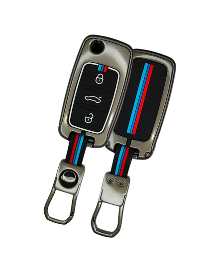KEY COVER HOUSE Metal Striped Key Cover And Key Chain Compatible For "Ameo/Fabia/Jetta/Laura/ Octavia<2014/Polo/Rapid/Superb/Vento/Yeti"3Button Flip Key
