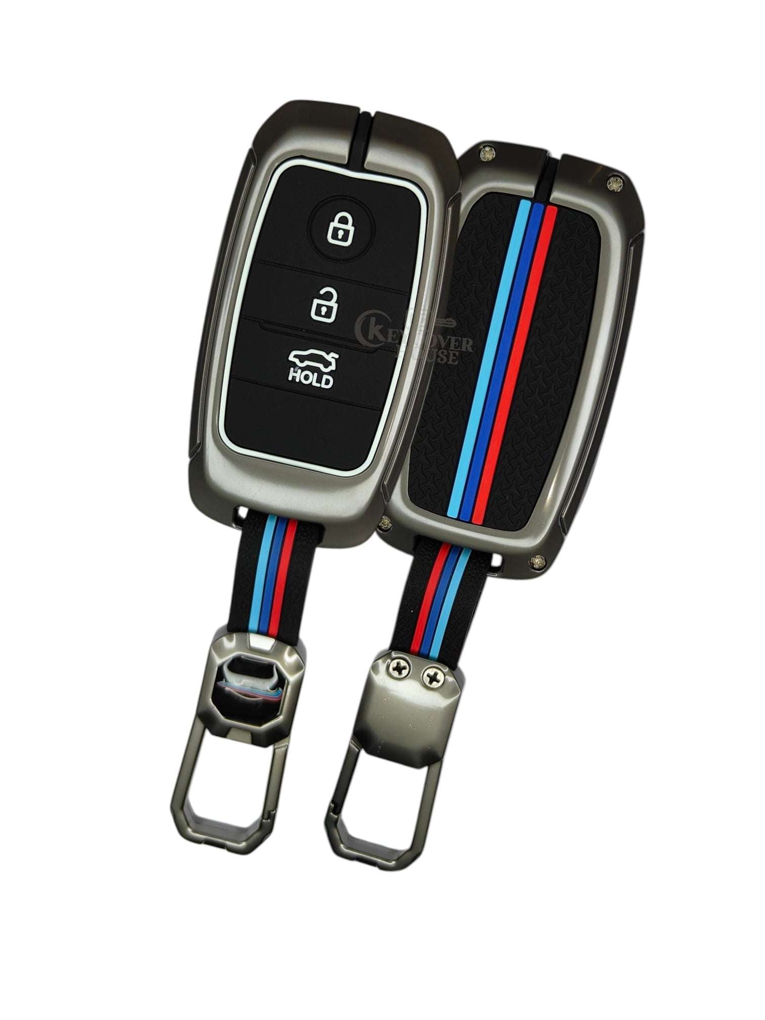 KEY COVER HOUSE Metal Striped Key Cover And Key Chain Compatible For Kia Seltos 3 Button Smart key - Key Cover House
