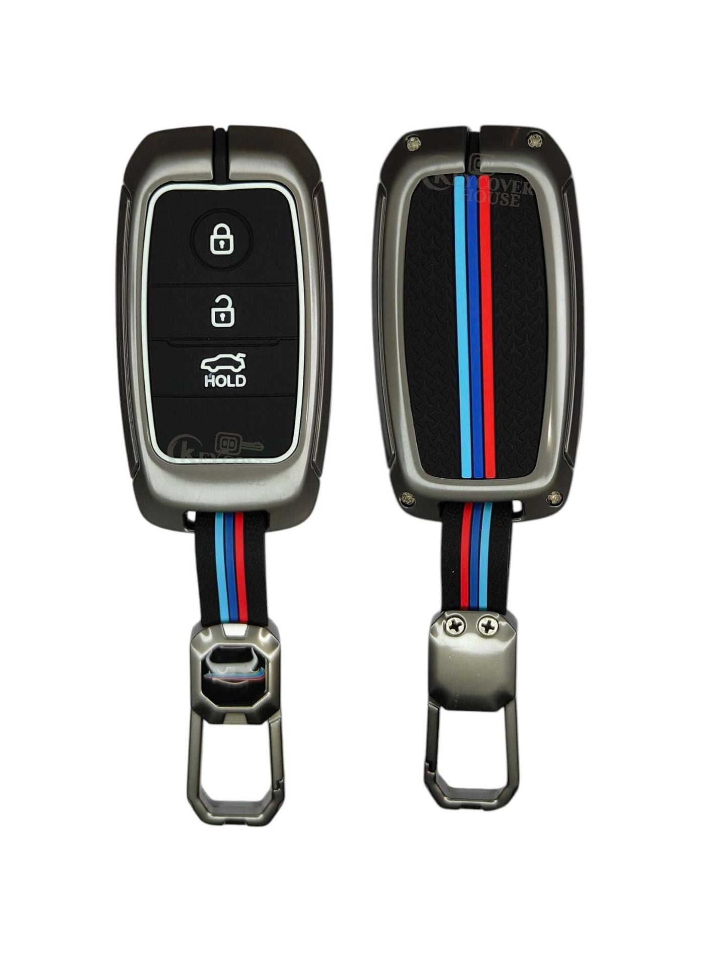 KEY COVER HOUSE Metal Striped Key Cover And Key Chain Compatible For Kia Seltos 3 Button Smart key - Key Cover House